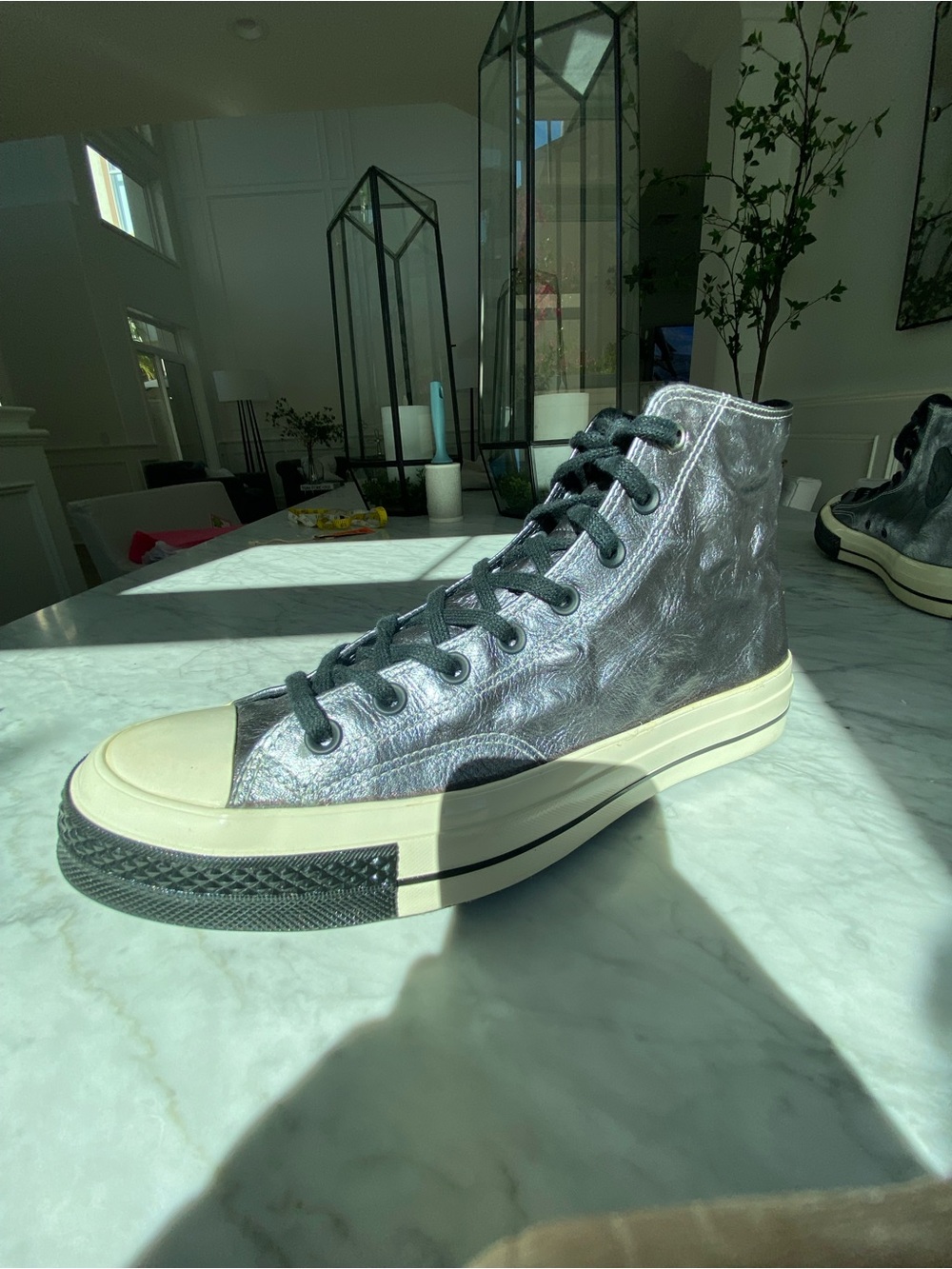 Converse Men’s Leather Silver Metallic High Top Sneakers with Black Accents - Picture 3 of 10